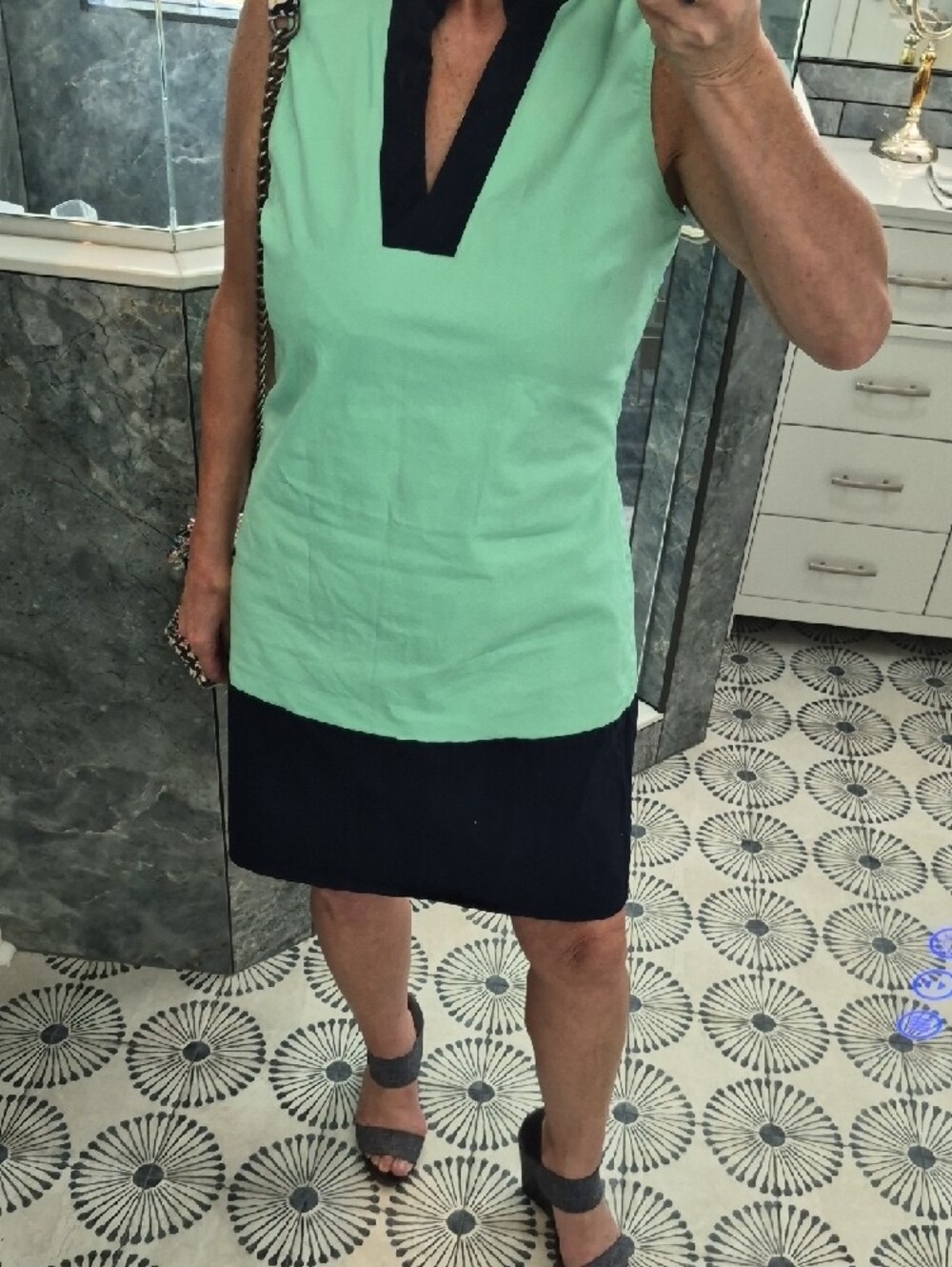 Sail to Sable Sleeveless Mint Green and Navy Color Block Tunic Dress